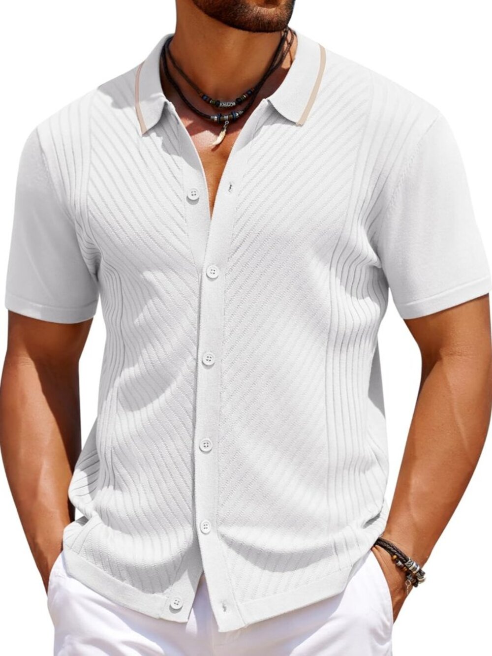 Men’s White Knit Short Sleeve Button Down Vintage Polo Summer Shirt